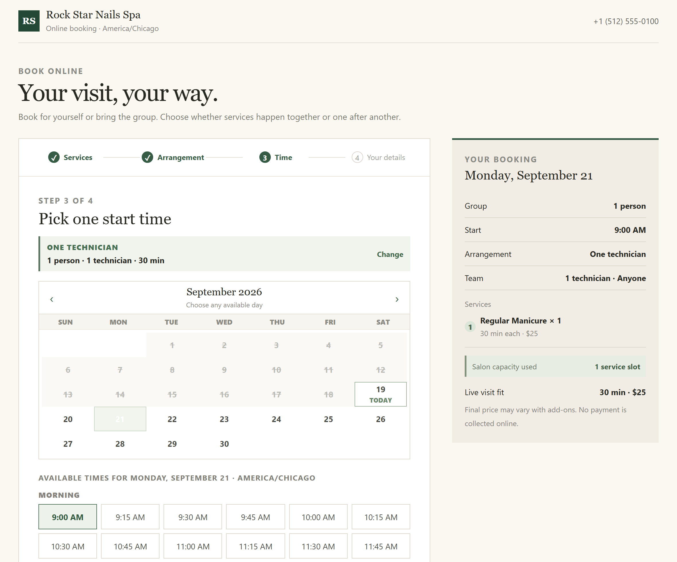 The customer booking page showing live times for a Monday
