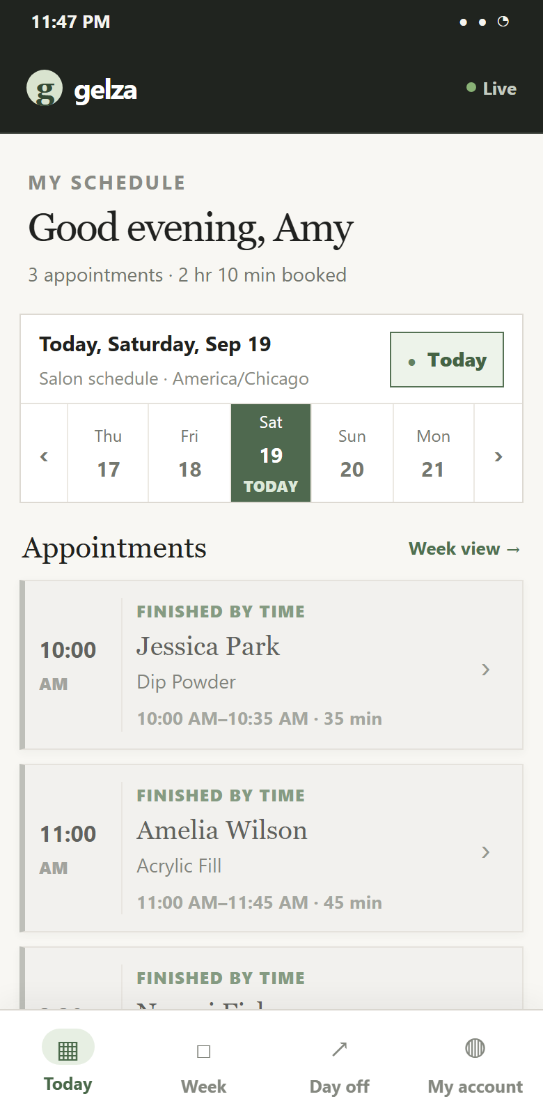 A technician's schedule for today on a phone